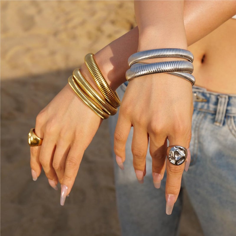 JUNYANGY Gold Bangles for Women Set of 3 Chunky Stretch Bangles Bracelets 24K Gold Plated Stainless Steel Bracelets Flexible Wide Stack Bracelets Designer Look Alike Jewelry for Women - Image 2
